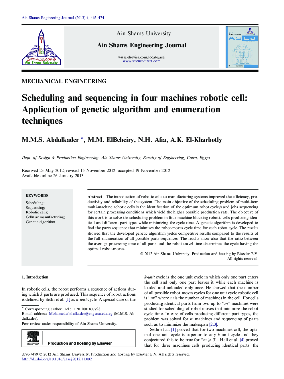Scheduling and sequencing in four machines robotic cell: Application of genetic algorithm and enumeration techniques 