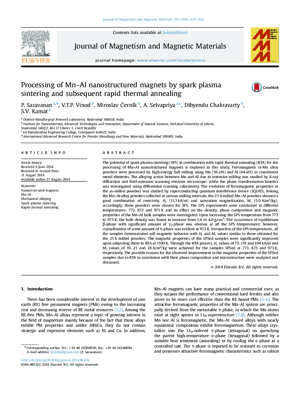 Processing of Mn-Al nanostructured magnets by spark plasma sintering and subsequent rapid thermal annealing