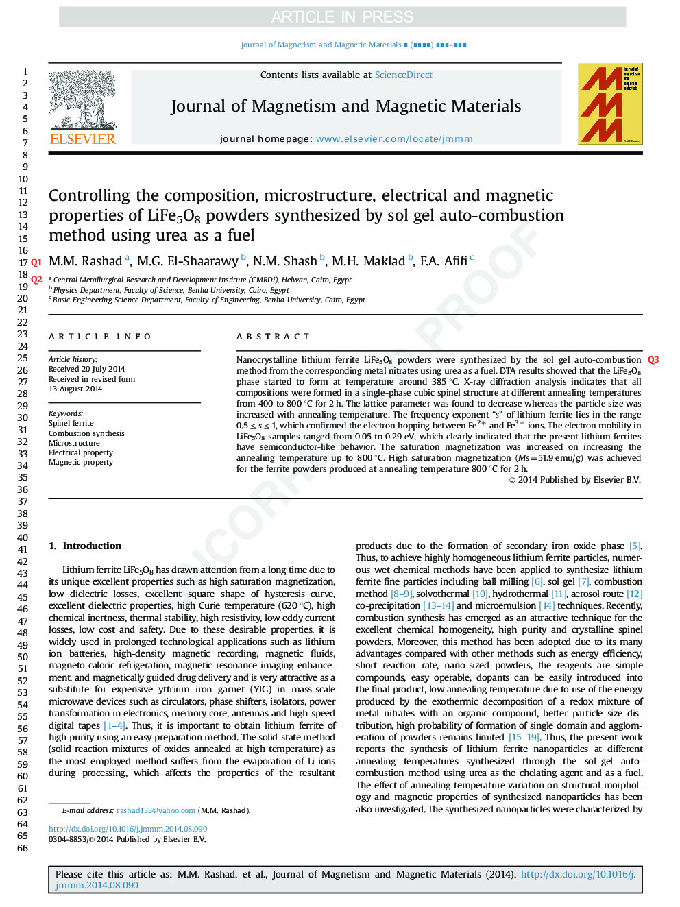 Controlling the composition, microstructure, electrical and magnetic properties of LiFe5O8 powders synthesized by sol gel auto-combustion method using urea as a fuel