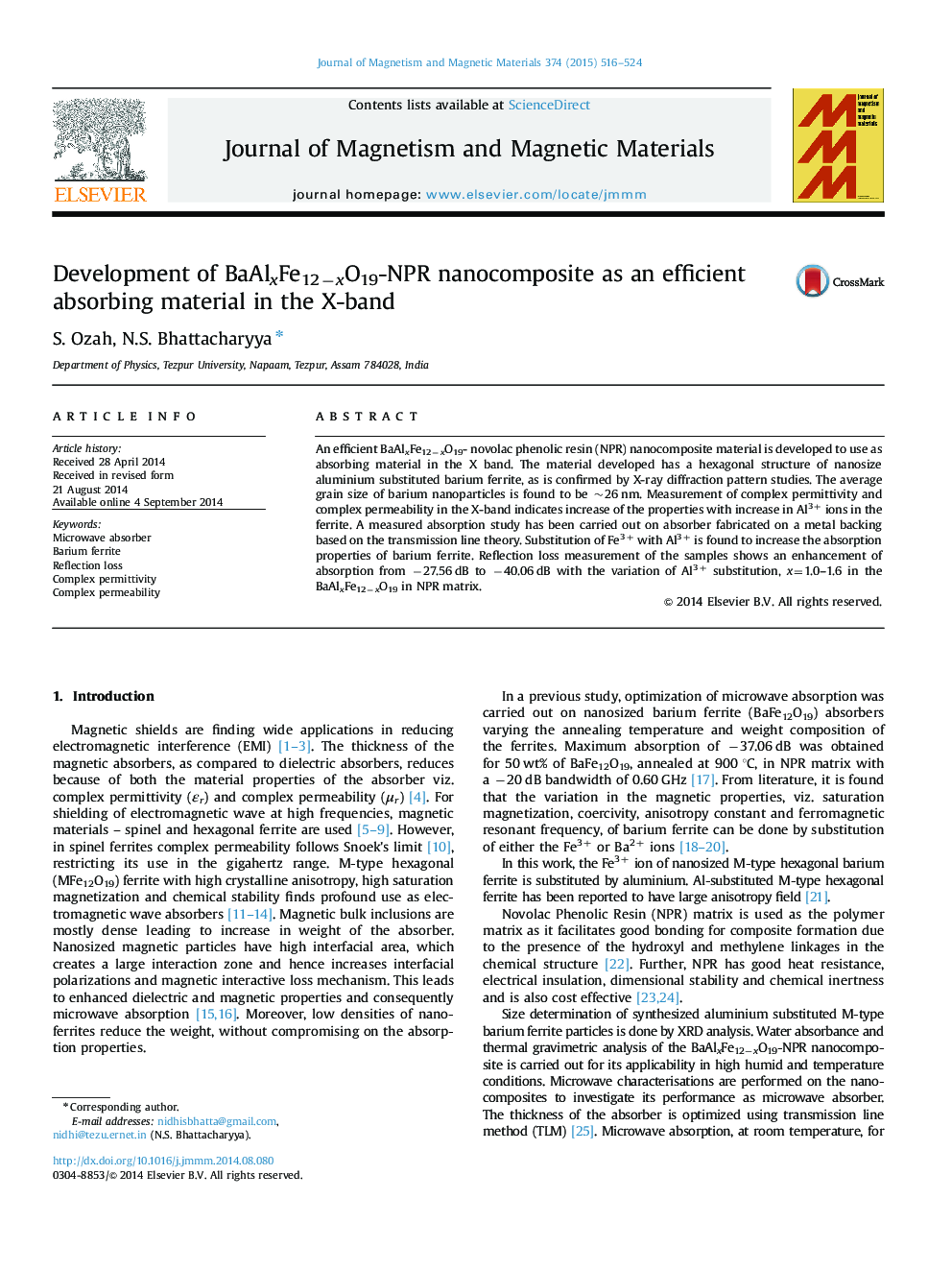 Development of BaAlxFe12âxO19-NPR nanocomposite as an efficient absorbing material in the X-band