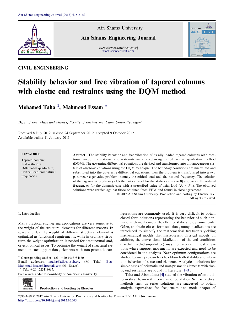 Stability behavior and free vibration of tapered columns with elastic end restraints using the DQM method 