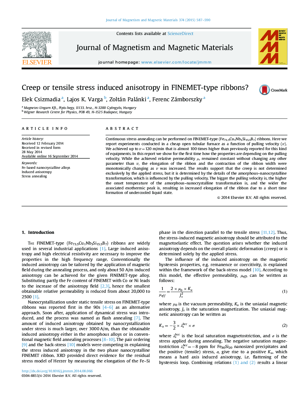 Creep or tensile stress induced anisotropy in FINEMET-type ribbons?