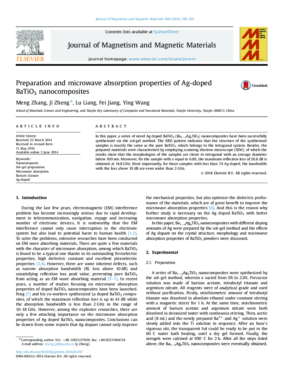 Preparation and microwave absorption properties of Ag-doped BaTiO3 nanocomposites