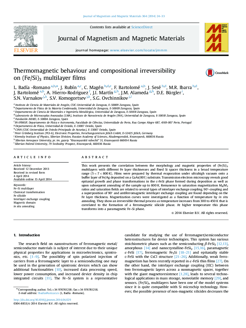 Thermomagnetic behaviour and compositional irreversibility on (Fe/Si)3 multilayer films