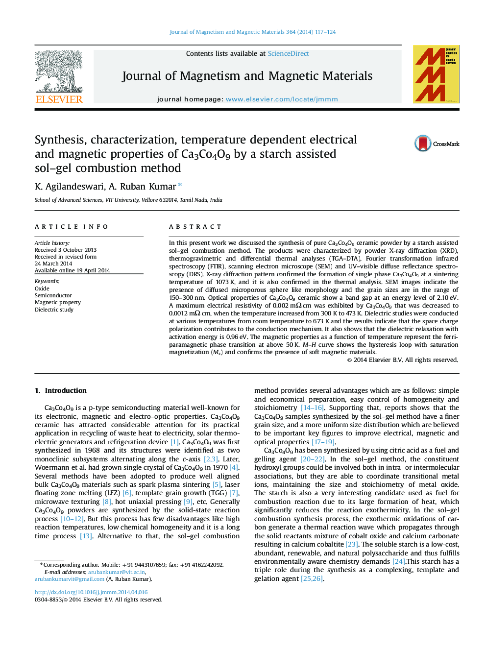 Synthesis, characterization, temperature dependent electrical and magnetic properties of Ca3Co4O9 by a starch assisted sol-gel combustion method