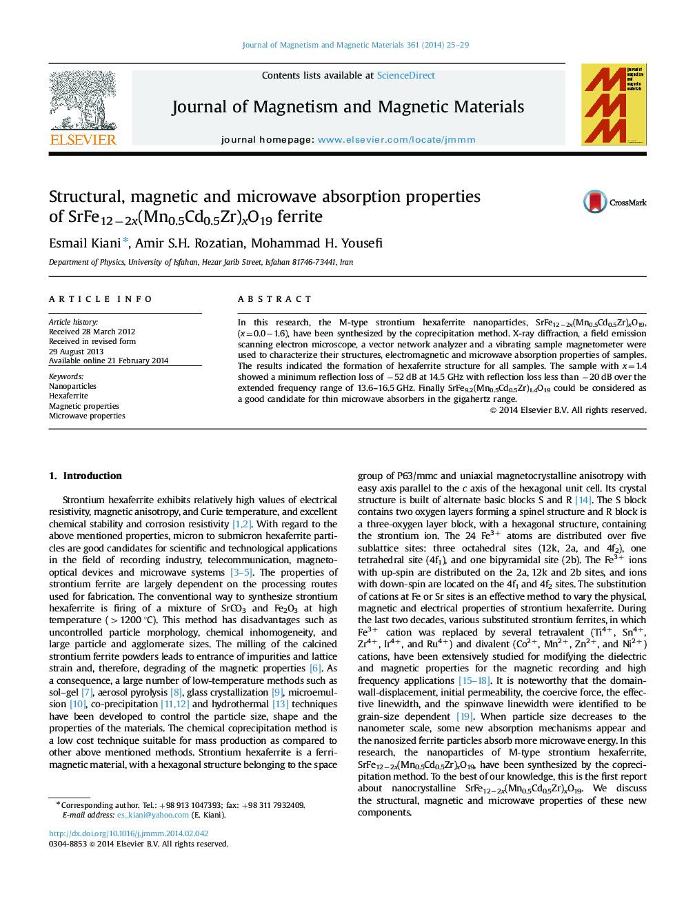 Structural, magnetic and microwave absorption properties of SrFe12â2x(Mn0.5Cd0.5Zr)xO19 ferrite