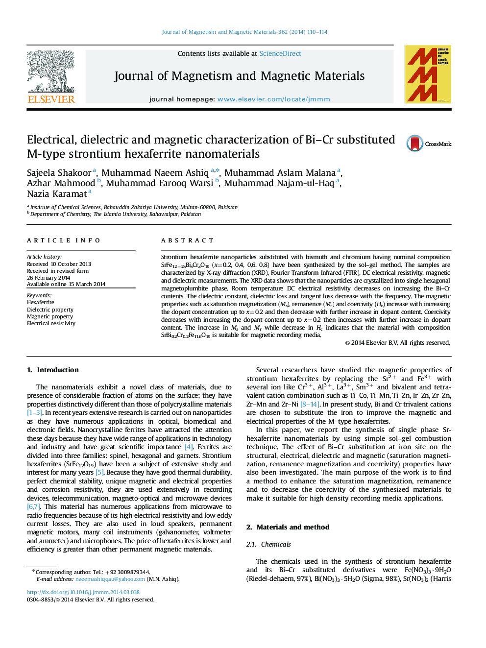 Electrical, dielectric and magnetic characterization of Bi-Cr substituted M-type strontium hexaferrite nanomaterials