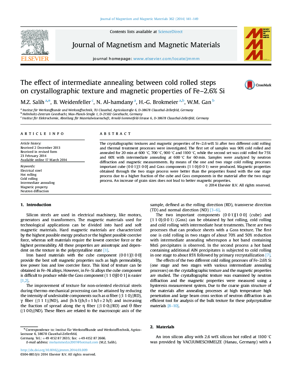 The effect of intermediate annealing between cold rolled steps on crystallographic texture and magnetic properties of Fe-2.6% Si