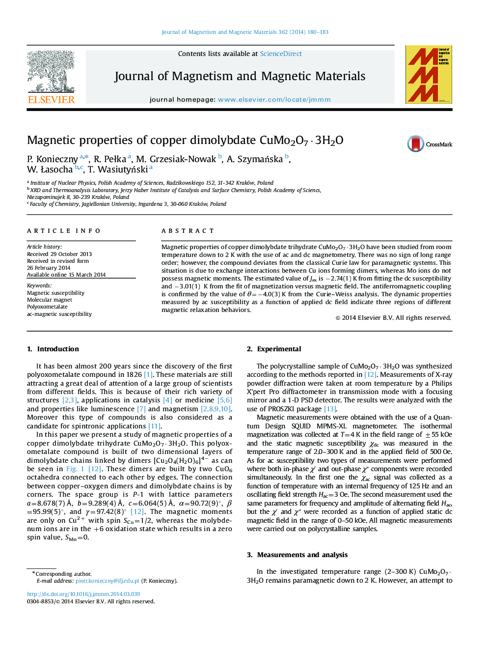 Magnetic properties of copper dimolybdate CuMo2O7Â·3H2O