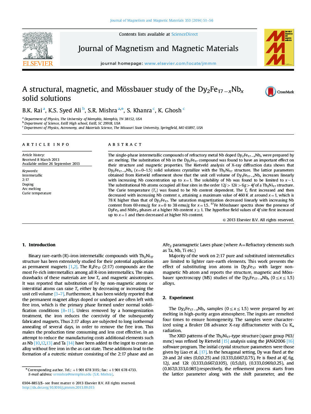 A structural, magnetic, and Mössbauer study of the Dy2Fe17âxNbx solid solutions