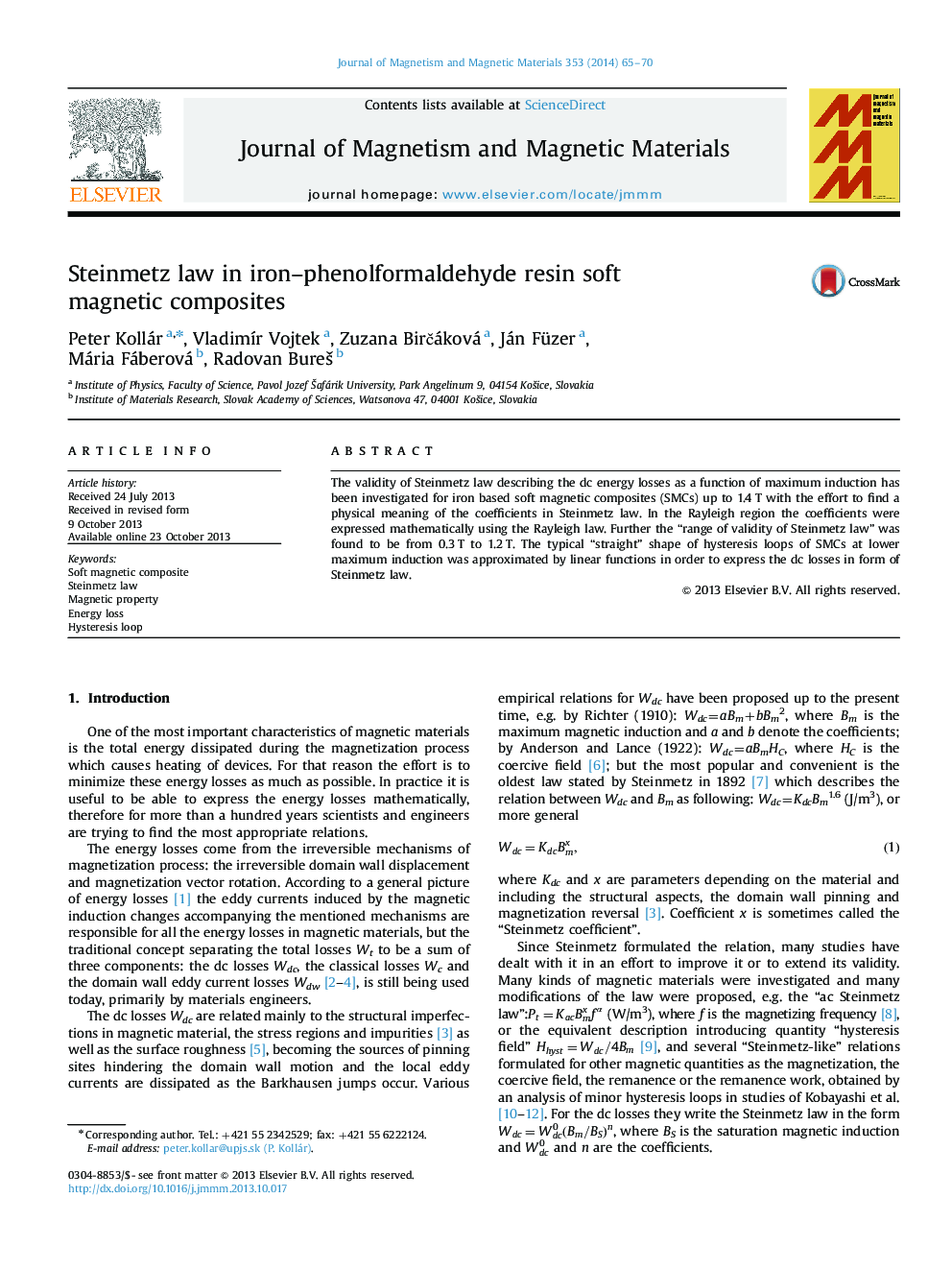 Steinmetz law in iron-phenolformaldehyde resin soft magnetic composites