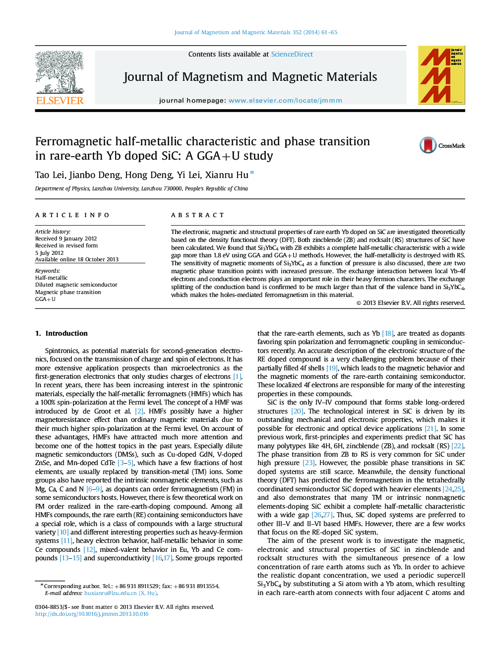 Ferromagnetic half-metallic characteristic and phase transition in rare-earth Yb doped SiC: A GGA+U study