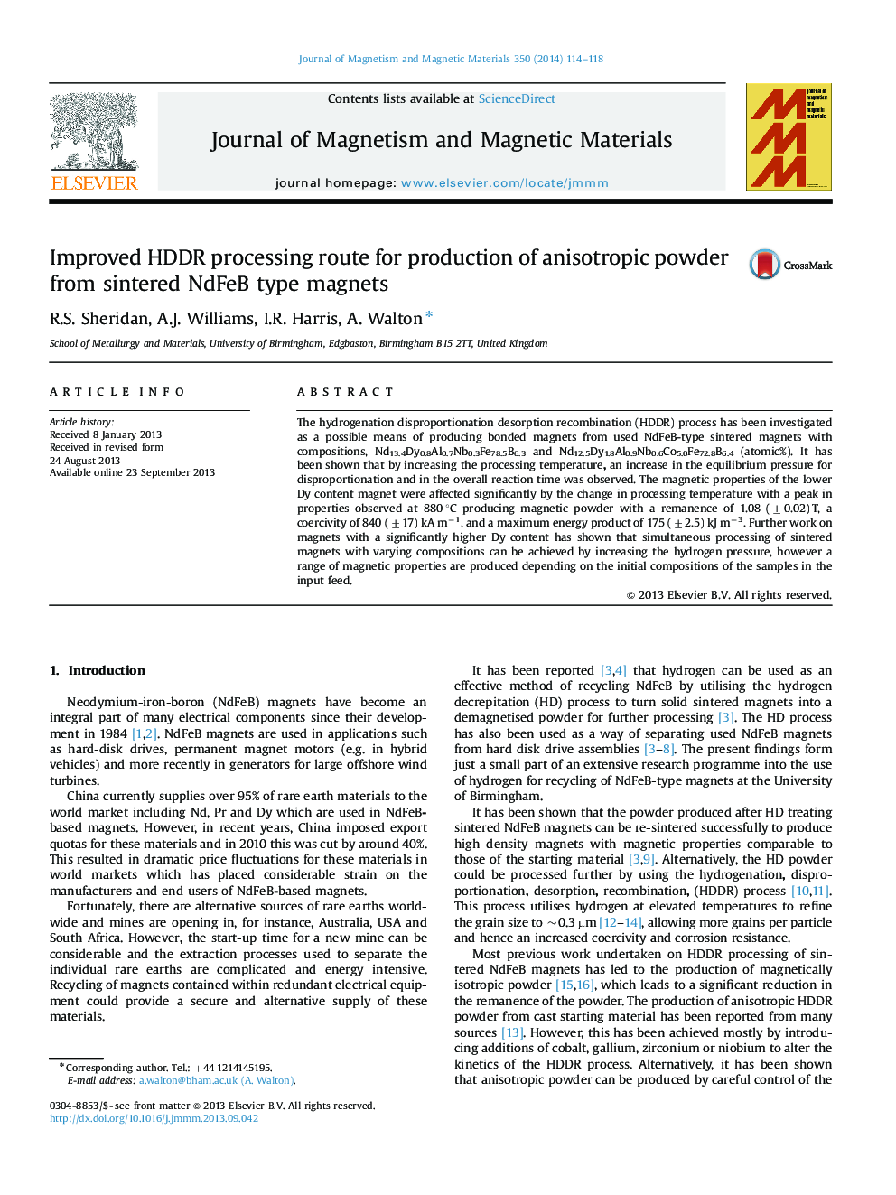 Improved HDDR processing route for production of anisotropic powder from sintered NdFeB type magnets