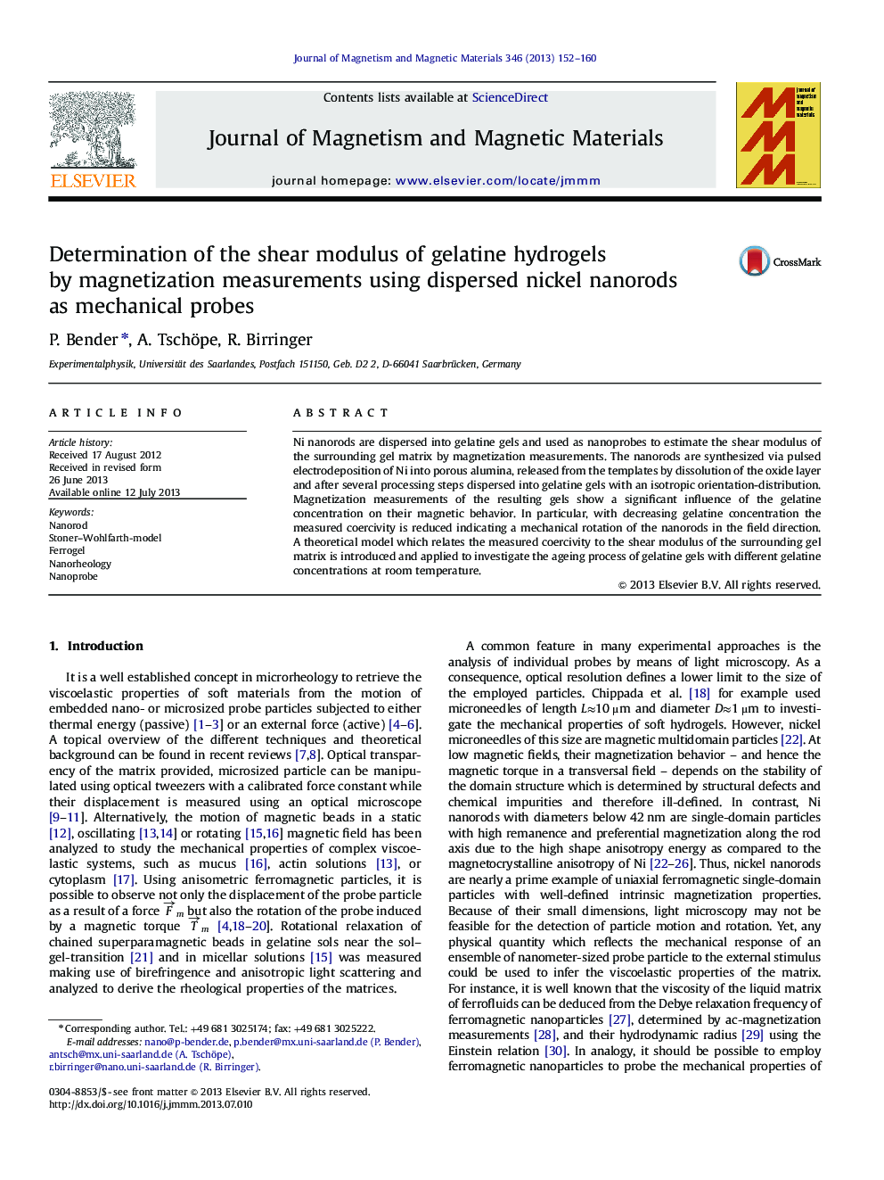 Determination of the shear modulus of gelatine hydrogels by magnetization measurements using dispersed nickel nanorods as mechanical probes