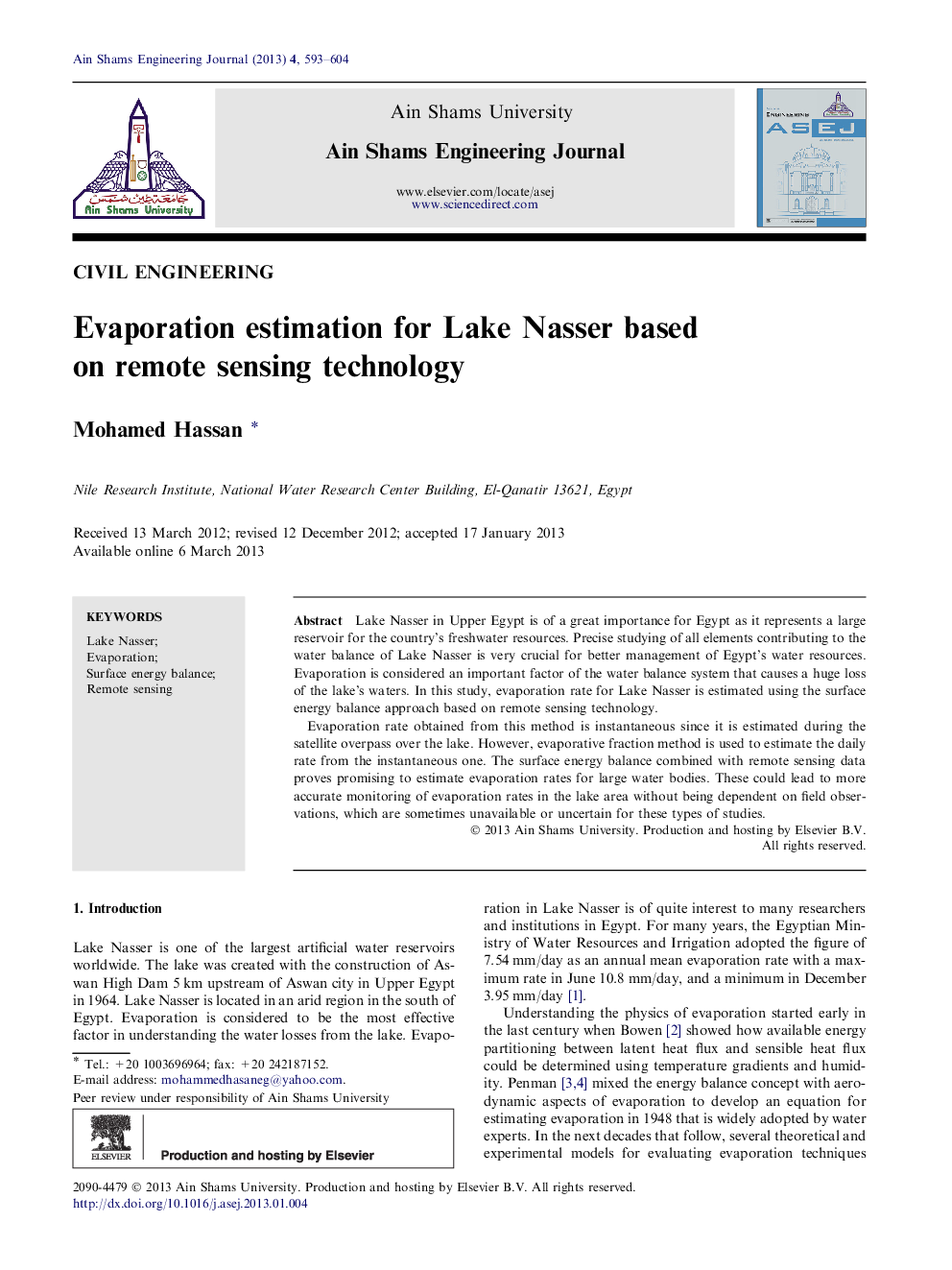 Evaporation estimation for Lake Nasser based on remote sensing technology