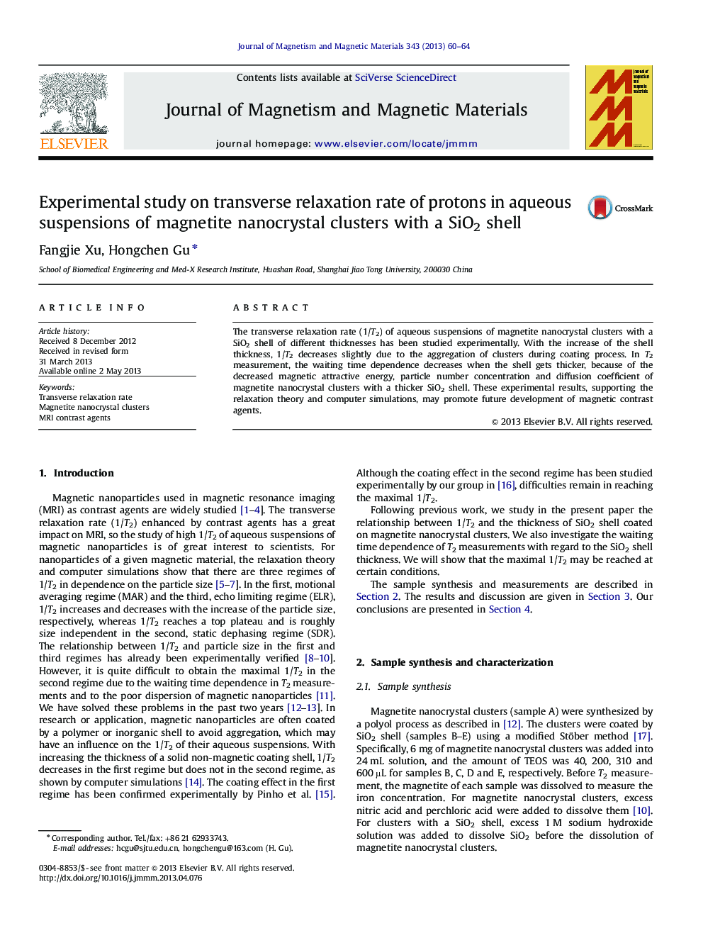 Experimental study on transverse relaxation rate of protons in aqueous suspensions of magnetite nanocrystal clusters with a SiO2 shell