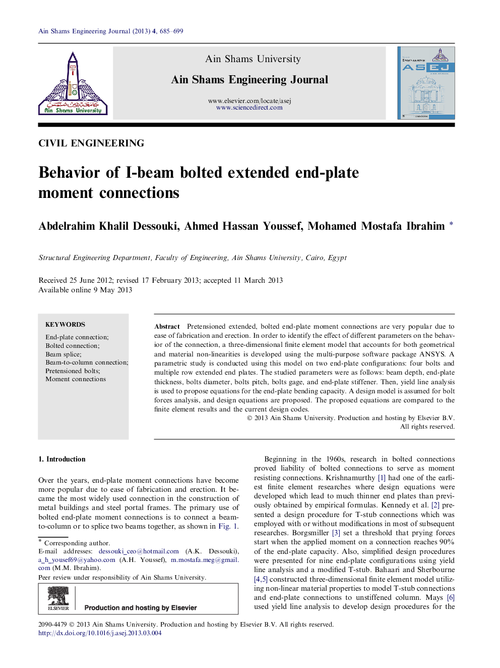 Behavior of I-beam bolted extended end-plate moment connections