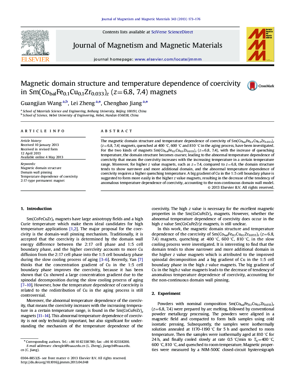 Magnetic domain structure and temperature dependence of coercivity in Sm(CobalFe0.1Cu0.1Zr0.033)z (z=6.8, 7.4) magnets