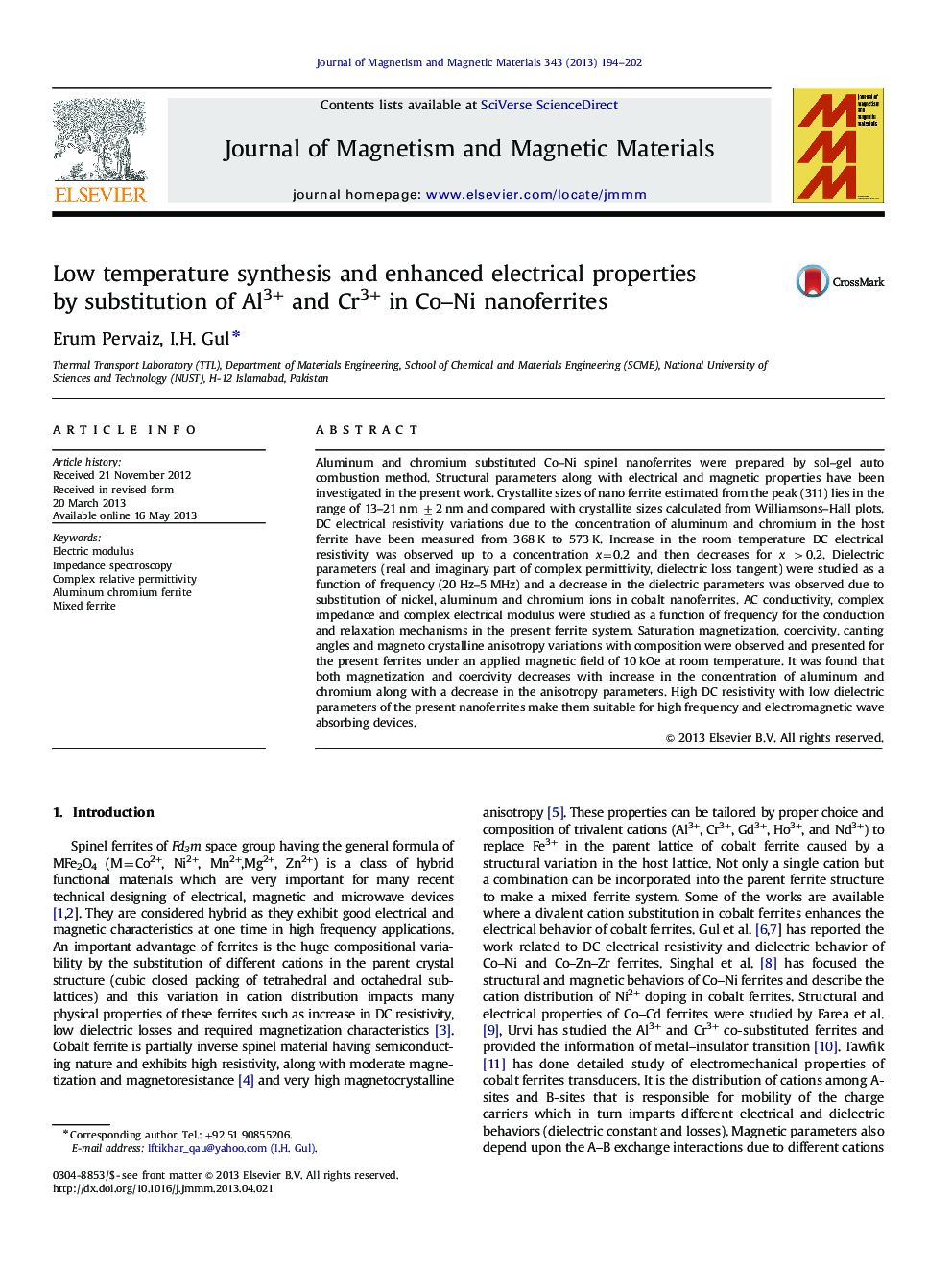 Low temperature synthesis and enhanced electrical properties by substitution of Al3+ and Cr3+ in Co-Ni nanoferrites