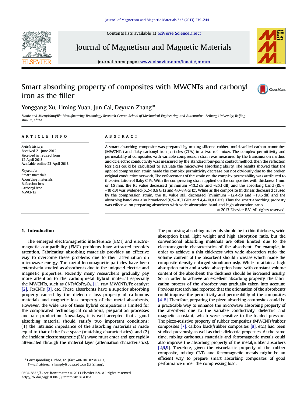 Smart absorbing property of composites with MWCNTs and carbonyl iron as the filler