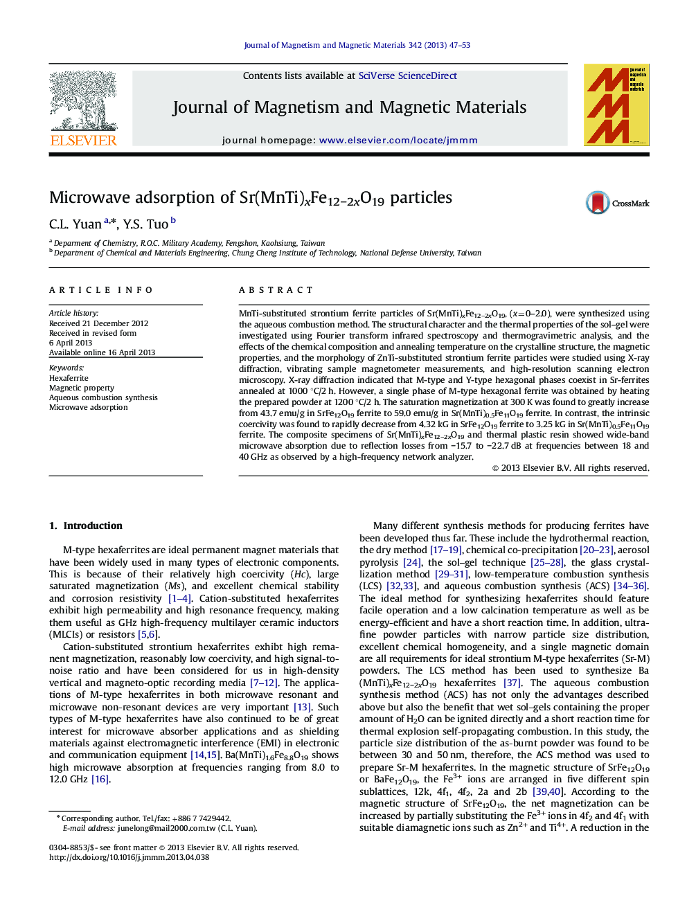 Microwave adsorption of Sr(MnTi)xFe12â2xO19 particles