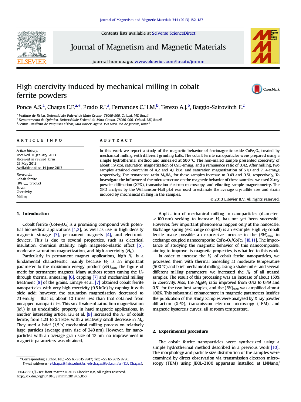 High coercivity induced by mechanical milling in cobalt ferrite powders