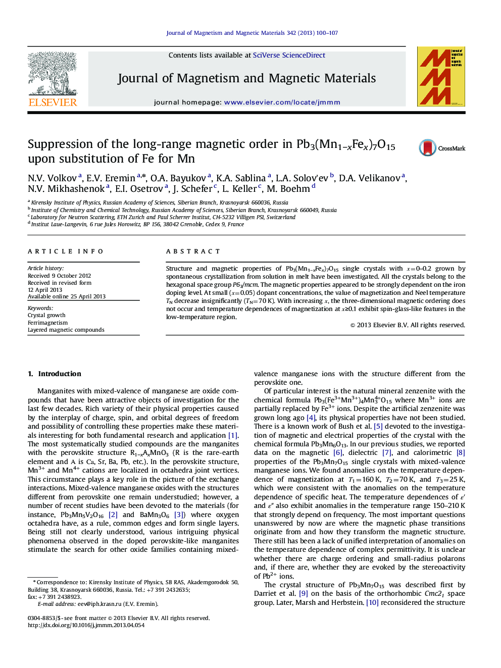 Suppression of the long-range magnetic order in Pb3(Mn1âxFex)7O15 upon substitution of Fe for Mn