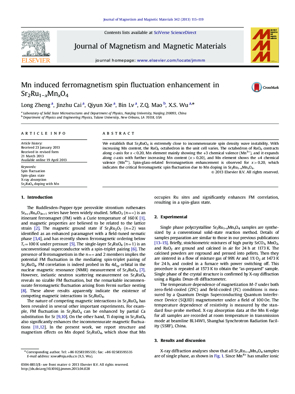 Mn induced ferromagnetism spin fluctuation enhancement in Sr2Ru1âxMnxO4