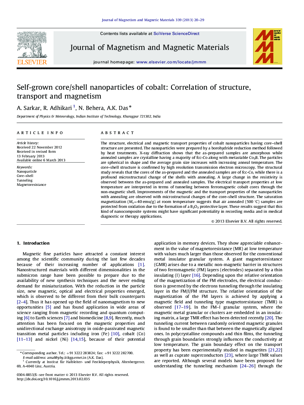 Self-grown core/shell nanoparticles of cobalt: Correlation of structure, transport and magnetism