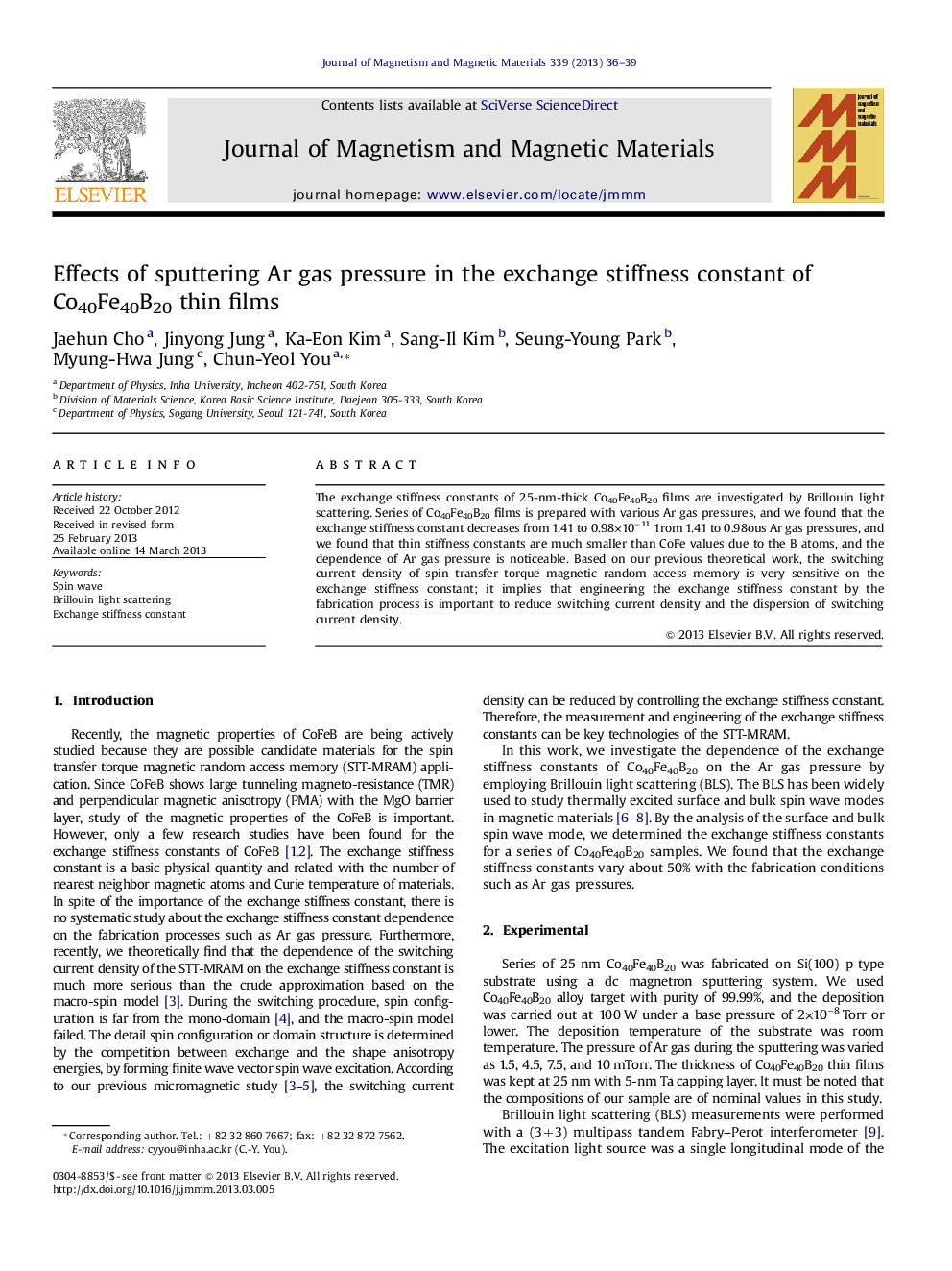 Effects of sputtering Ar gas pressure in the exchange stiffness constant of Co40Fe40B20 thin films