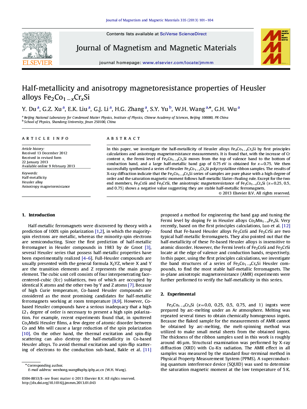Half-metallicity and anisotropy magnetoresistance properties of Heusler alloys Fe2Co1âxCrxSi