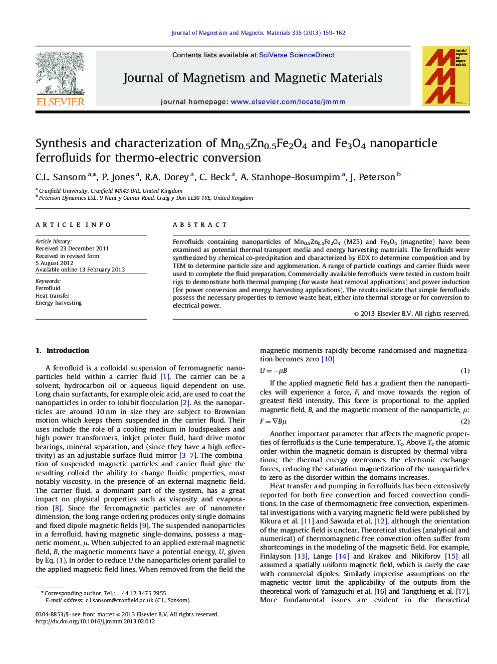 Synthesis and characterization of Mn0.5Zn0.5Fe2O4 and Fe3O4 nanoparticle ferrofluids for thermo-electric conversion