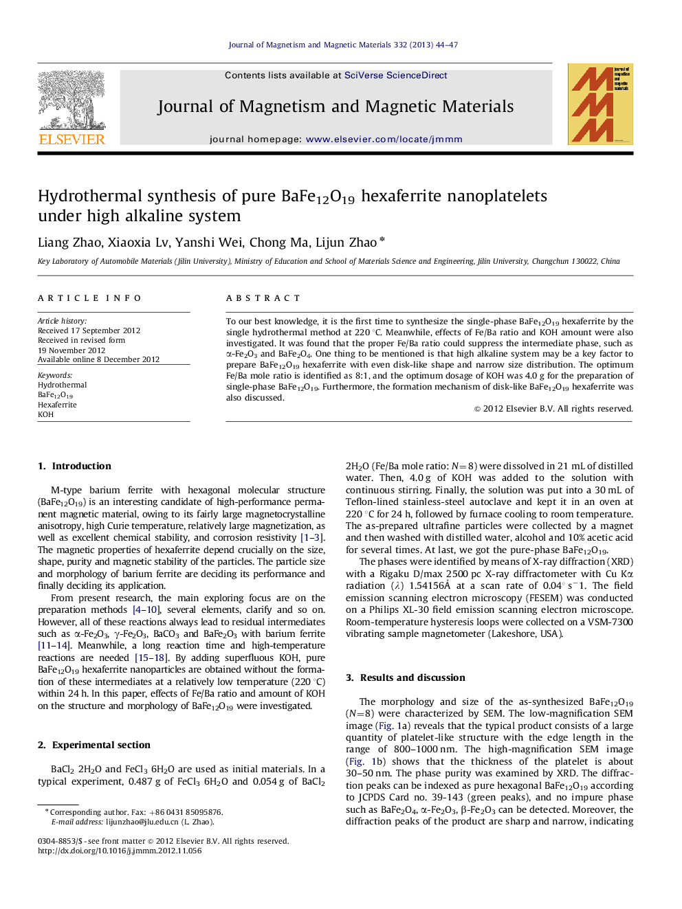 Hydrothermal synthesis of pure BaFe12O19 hexaferrite nanoplatelets under high alkaline system