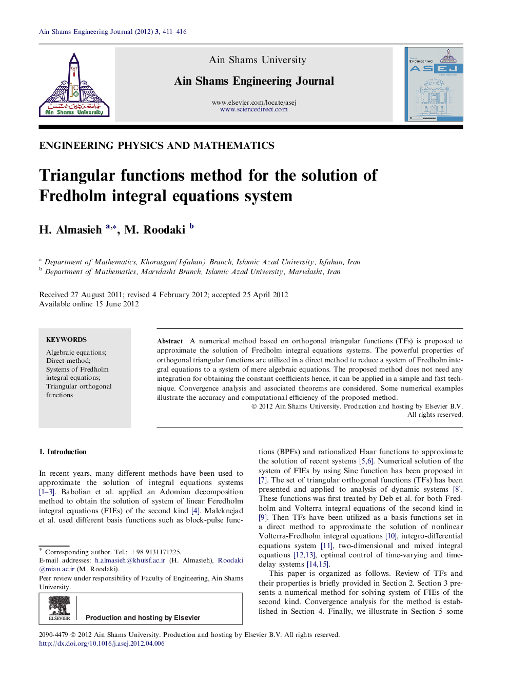 Triangular functions method for the solution of Fredholm integral equations system