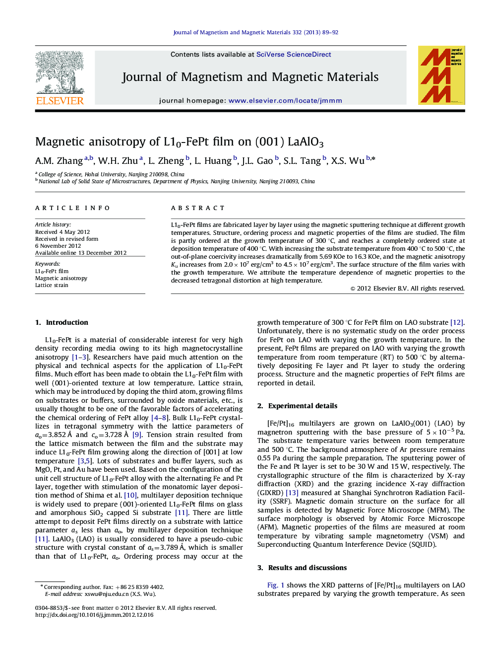 Magnetic anisotropy of L10-FePt film on (001) LaAlO3