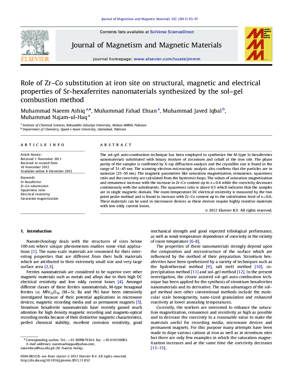 Role of Zr-Co substitution at iron site on structural, magnetic and electrical properties of Sr-hexaferrites nanomaterials synthesized by the sol-gel combustion method