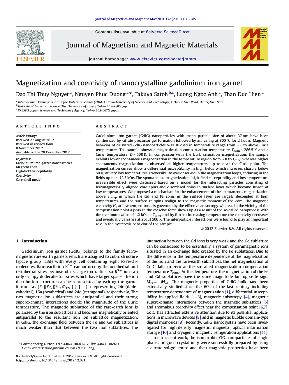 Magnetization and coercivity of nanocrystalline gadolinium iron garnet