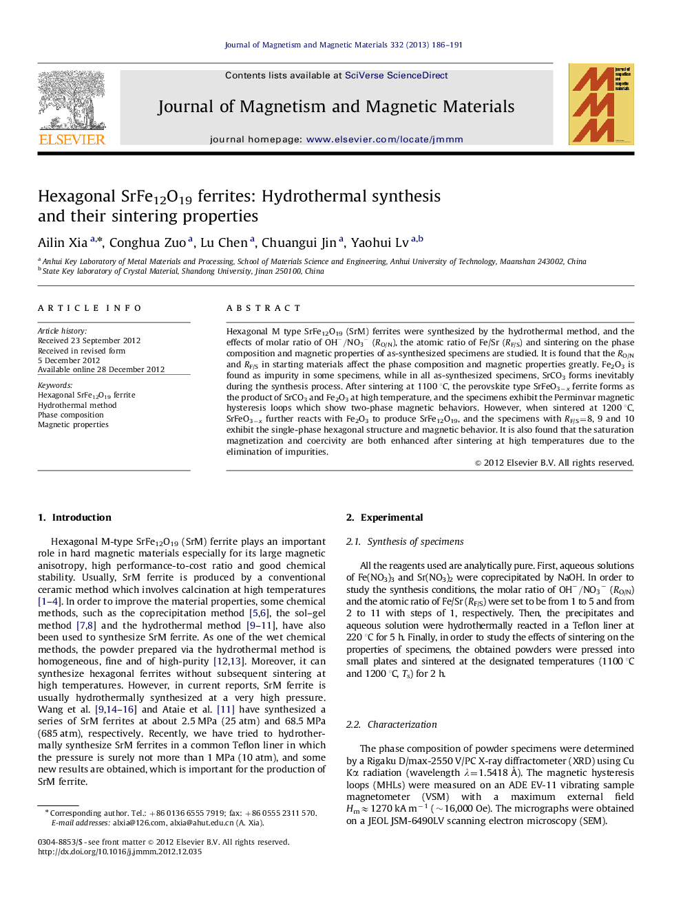 Hexagonal SrFe12O19 ferrites: Hydrothermal synthesis and their sintering properties