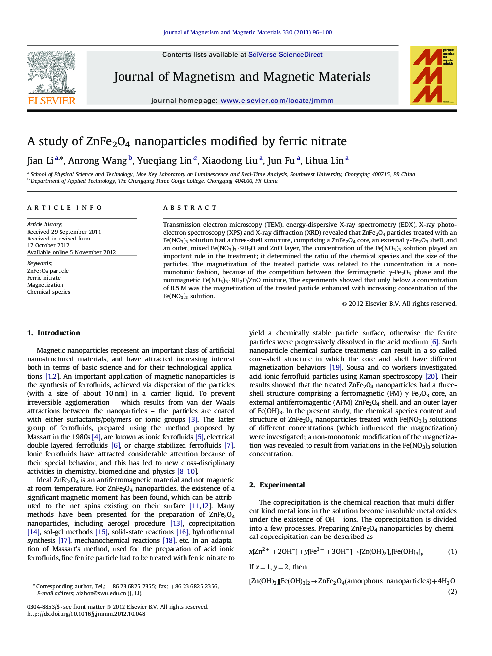 A study of ZnFe2O4 nanoparticles modified by ferric nitrate