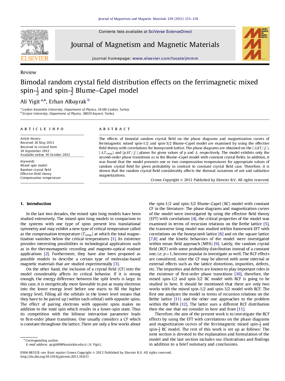 اثرات توزیع میدان کریستال تصادفی دوبعدی بر مدل اسپین-12 و اسپین-32 بلوم کاپل مخلوط فریمغناطیس 