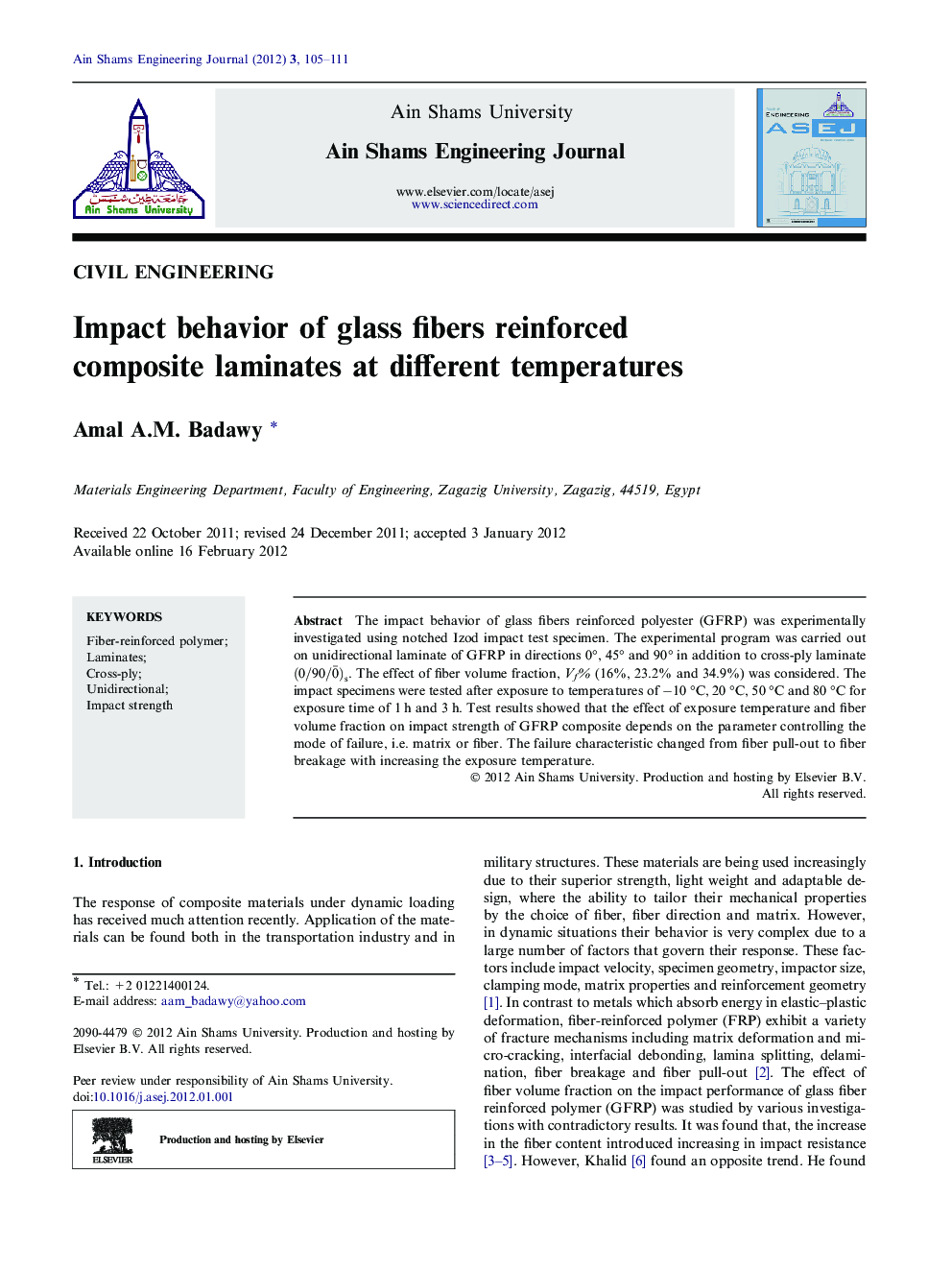 Impact behavior of glass fibers reinforced composite laminates at different temperatures