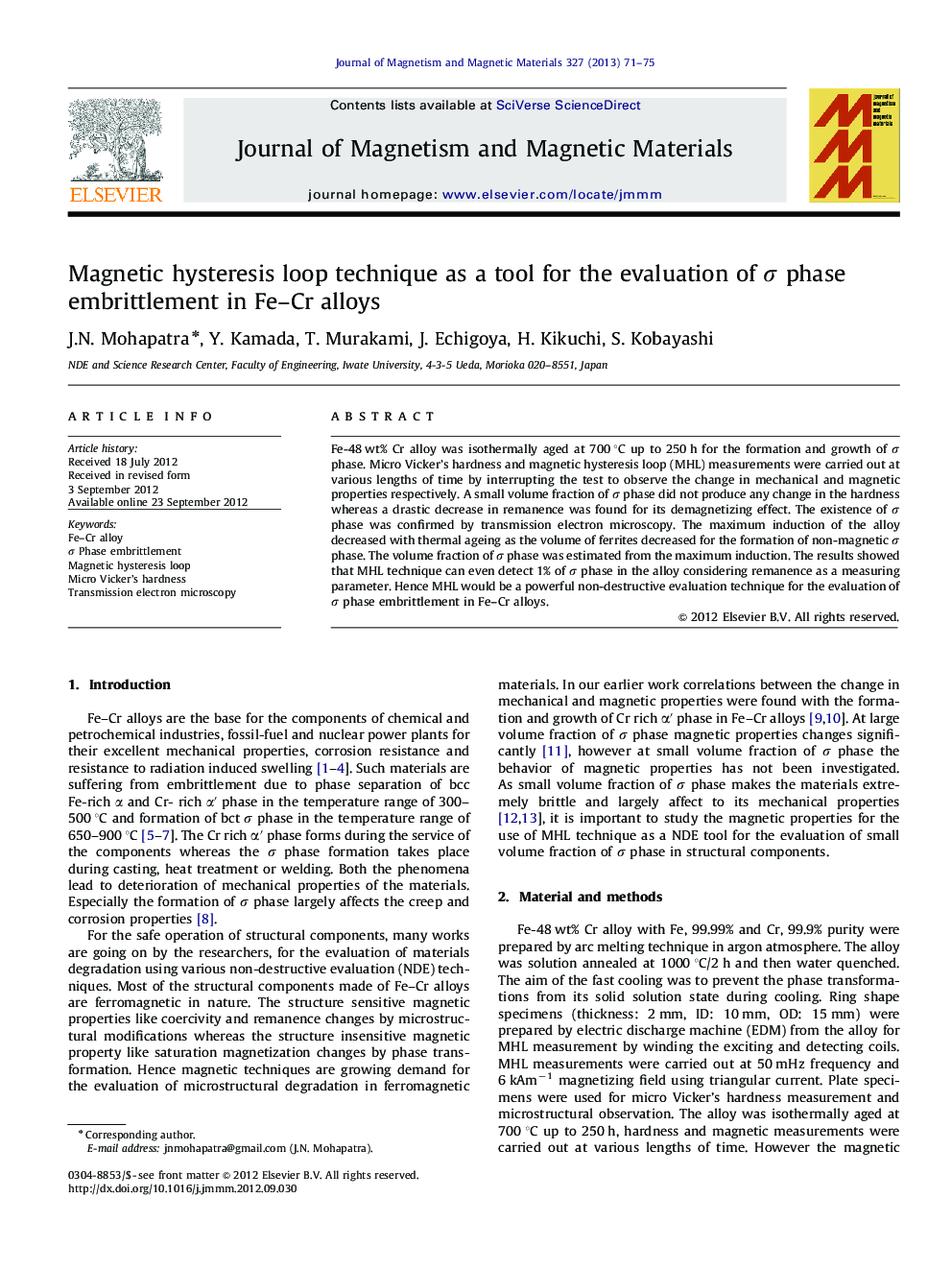 Magnetic hysteresis loop technique as a tool for the evaluation of Ï phase embrittlement in Fe-Cr alloys