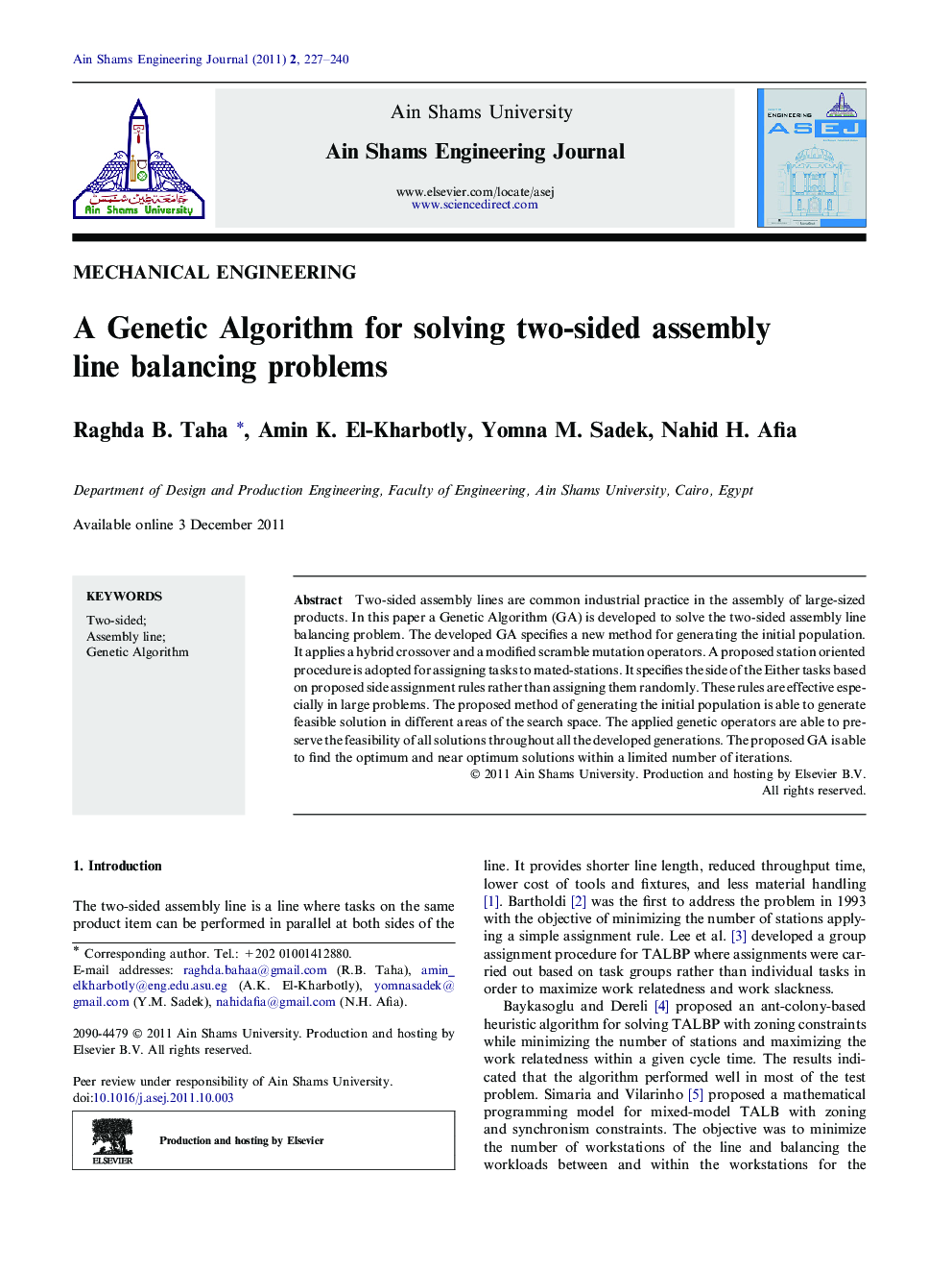 A Genetic Algorithm for solving two-sided assembly line balancing problems