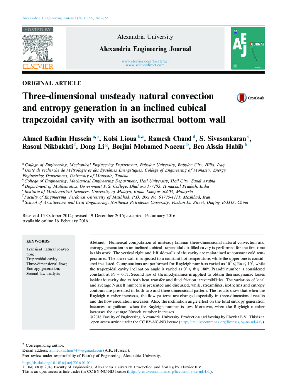 Three-dimensional unsteady natural convection and entropy generation in an inclined cubical trapezoidal cavity with an isothermal bottom wall 