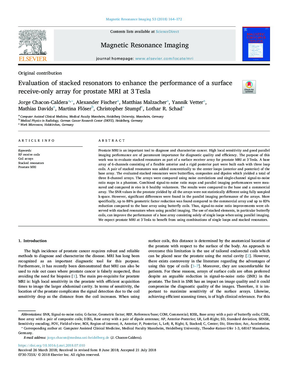 Evaluation of stacked resonators to enhance the performance of a surface receive-only array for prostate MRI at 3â¯Tesla