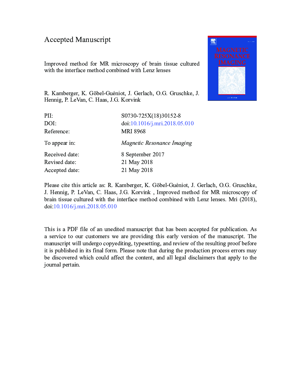 Improved method for MR microscopy of brain tissue cultured with the interface method combined with Lenz lenses