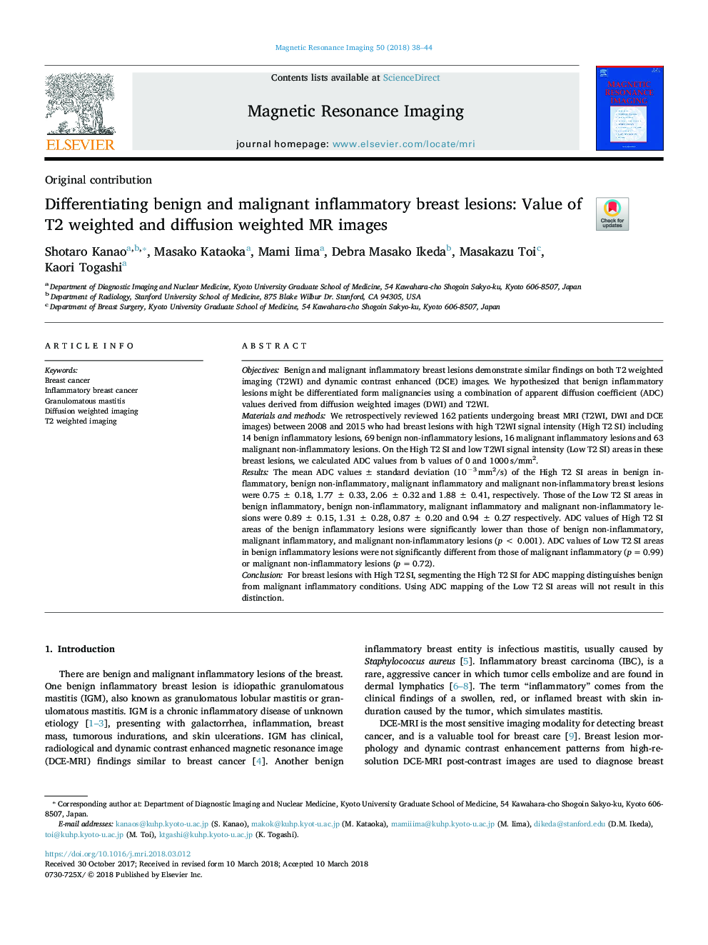 Differentiating benign and malignant inflammatory breast lesions: Value of T2 weighted and diffusion weighted MR images