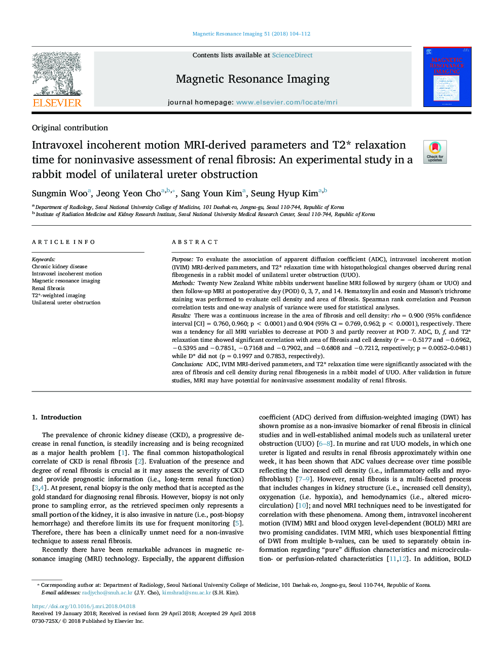 Intravoxel incoherent motion MRI-derived parameters and T2* relaxation time for noninvasive assessment of renal fibrosis: An experimental study in a rabbit model of unilateral ureter obstruction