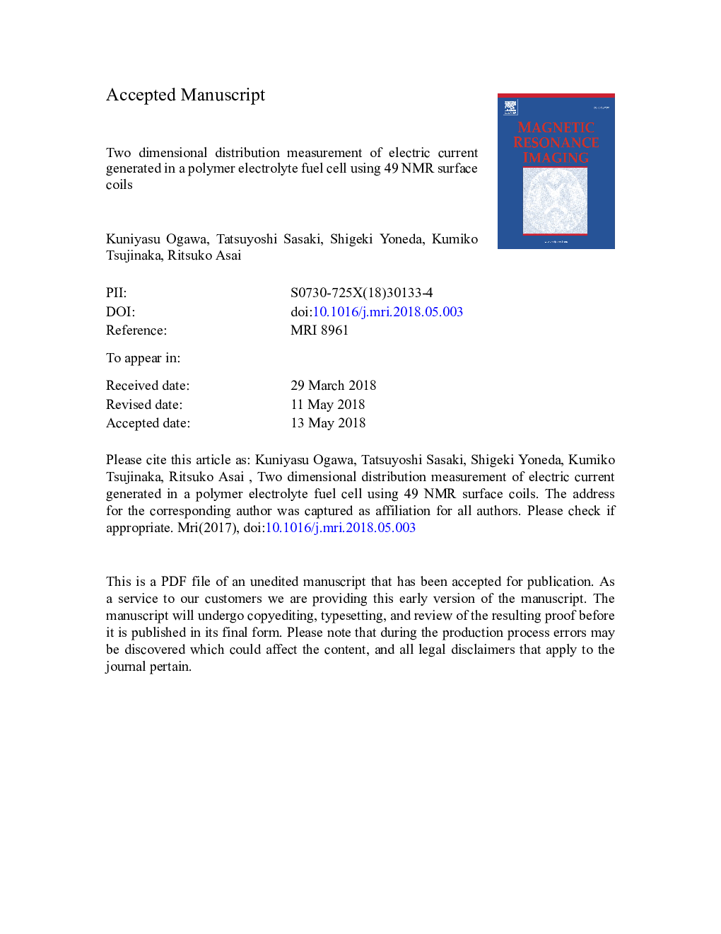 Two dimensional distribution measurement of electric current generated in a polymer electrolyte fuel cell using 49 NMR surface coils