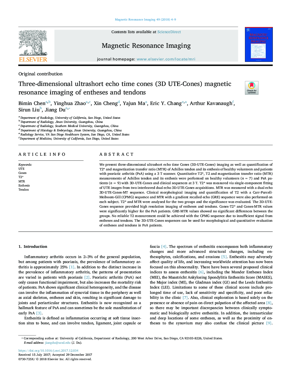 عکس صفحه اول مقاله: Three-dimensional ultrashort echo time cones (3D UTE-Cones) magnetic resonance imaging of entheses and tendons Three-dimensional ultrashort echo time cones (3D UTE-Cones) magnetic resonance imaging of entheses and tendons